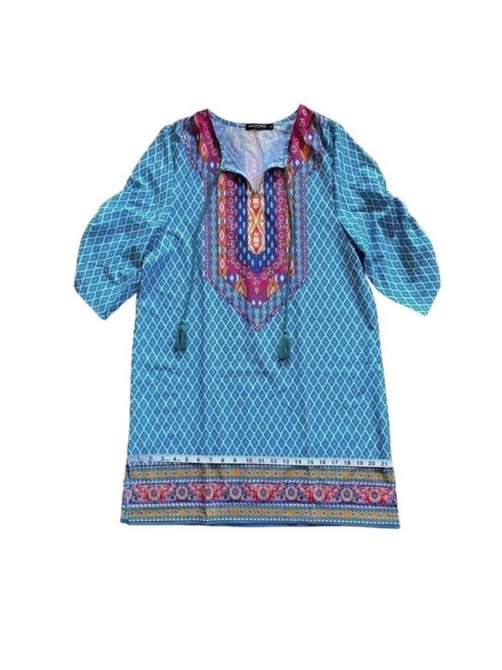 Urban Coco Blue Multicolor Ruche Sleeve Swim Coverup Dress with Tassels Medium - Picture 9 of 14